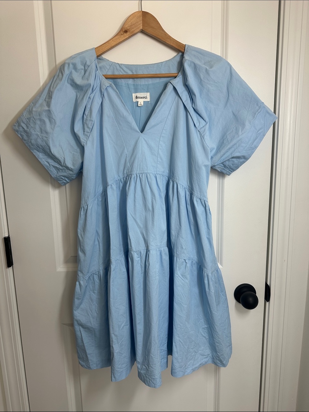 &Merci Women’s V-Neck Tiered Cotton Dress Light Blue L